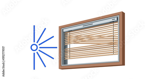 Window Blinds Light Control Vector Illustration. Sun Rays Hitting Open Venetian Blinds for Shading, Glare Reduction, and Privacy Icon.