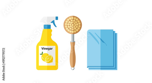 Natural Cleaning Supplies Vector: Vinegar Spray Bottle, Wooden Scrub Brush, and Reusable Cloths. Eco-Friendly Household Detox.