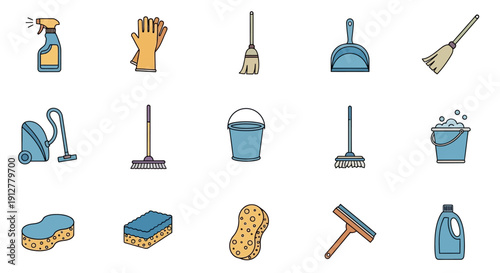 Cleaning Supplies Icons: Tools for Home Hygiene and Housekeeping