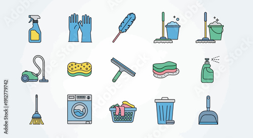 Cleaning Supplies Icons Set: Tools for Home Hygiene and Housekeeping