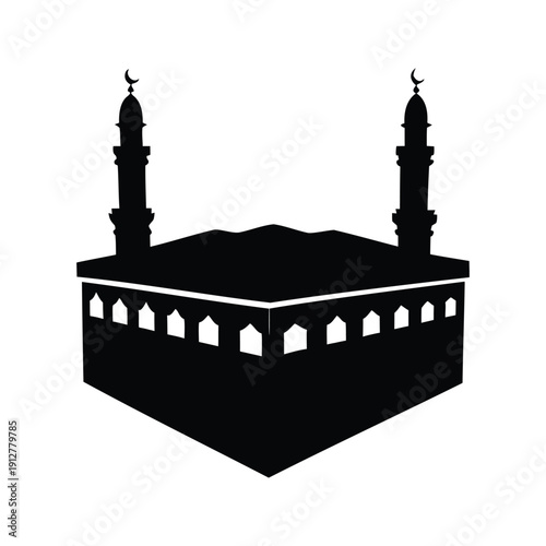kaaba in mecca silhouette silhouette vector illustration, Silhouette of the kaaba in mecca with minarets, intricate details, vector illustration