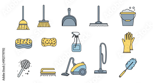 Cleaning Supplies Icons Set: Broom, Dustpan, Vacuum, Sprayer, Bucket, Gloves, Sponge, Duster