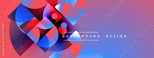Abstract geometric shapes blend vibrant red, blue, purple hues. Modern design features layered circles, triangles, gradients. Text reads background design.