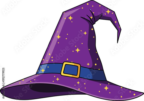 Wizard hat motif illustration, fantasy artwork design, magical concept emblem, mystical figure style, Halloween symbol, decorative enchanted icon