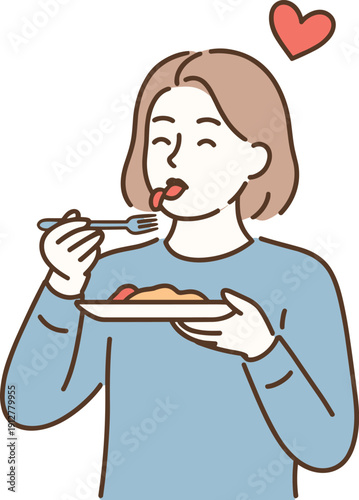 Cartoon of person eating with heart symbol above, joyful food moment, plate and fork in hand, warm emotional connection to mealtime