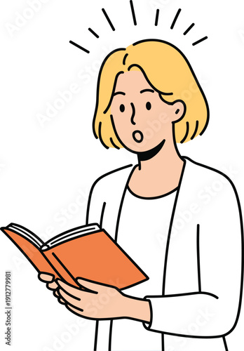 Cartoon of person reading orange book with surprise reaction, short blonde hair, expressive lines, emotional learning or realization concept