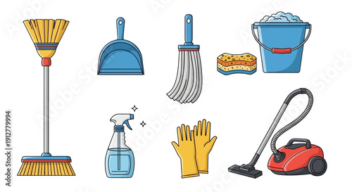 Cleaning Supplies Set: Broom, Dustpan, Mop, Sprayer, Gloves, Sponge, Bucket, Vacuum