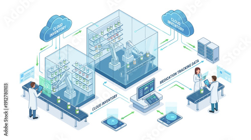 Isometric Pharmaceutical Supply Chain and Cloud Inventory Management SaaS. Automated Medication Tracking, Robotic Manufacturing Laboratory, and Healthcare Data Analytics Vector.