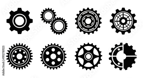 Set of Black Gears Icons, Cogwheels, Mechanical Parts, Industrial Design Elements