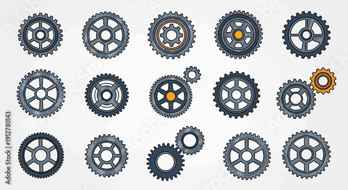 Collection of vintage gears and cogs, mechanical parts, industrial design elements