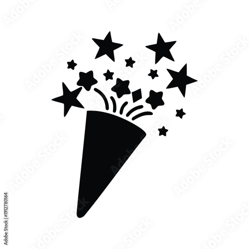 new year confetti poppers silhouette vector illustration, Celebration with stars bursting from a cone silhouette vector illustration