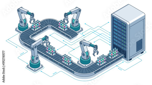 Isometric 3D Illustration of Automated Laboratory Factory with Robotic Arms and Data Server for Biotech SaaS and Industry 4.0 Digitalization