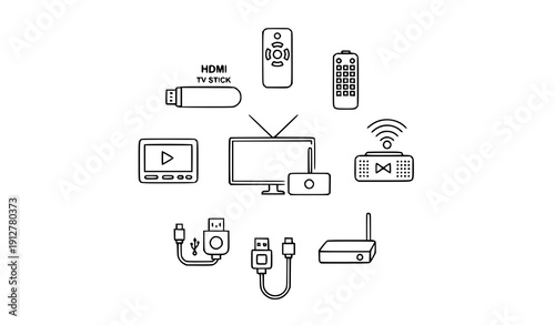 TV stick and smart TV box thin line icon set streaming device outline vector collection