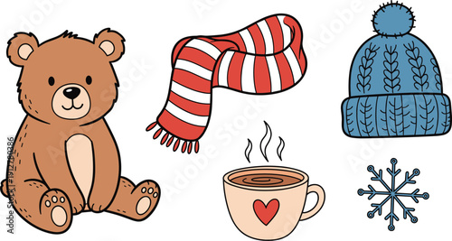 Cute teddy bear with winter accessories set, warm knitted hat and red striped scarf with hot cocoa cup and snowflake vector illustration on white background.