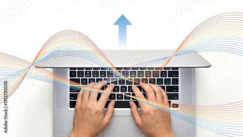 Hands typing on laptop keyboard with colorful lines