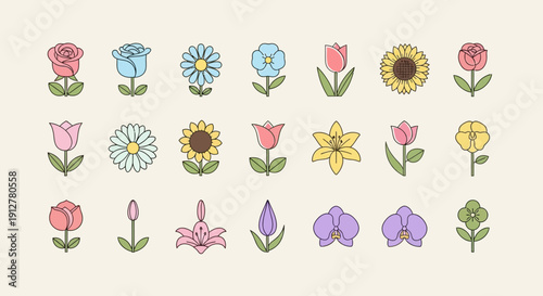 Collection of Cute Cartoon Flowers, Vector Icons, Floral Elements