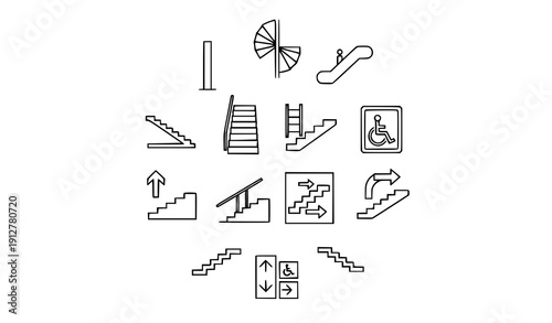 Stairs outline icon set with staircase and stairway symbols thin line vector collection