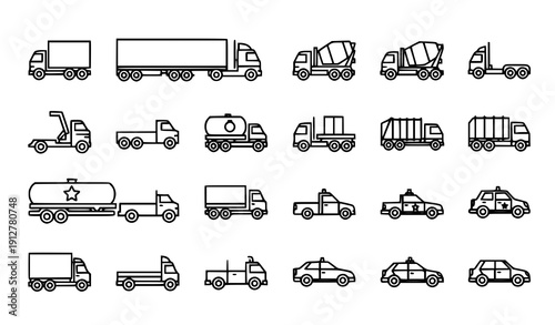 Outline truck and transport vehicle icon collection logistics car and cargo line art vector set