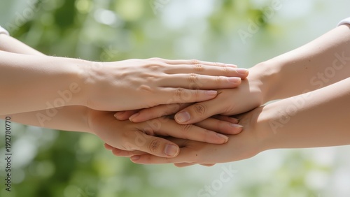 Hands stacked together outdoors