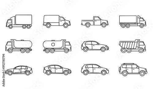 Transport outline vehicle icon set with truck and car line art symbols vector collection