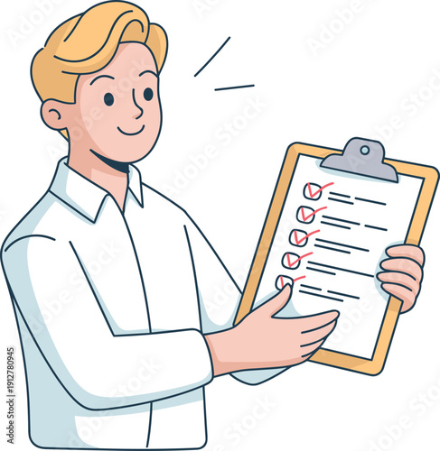 Cartoon character with blond hair checking completed checklist, holding clipboard, task management concept, white shirt, office scene, productivity