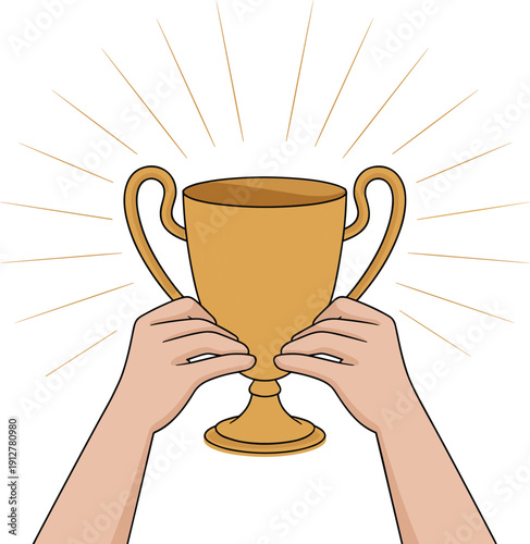 Cartoon hands holding golden trophy with shining rays, celebration of victory, achievement, success concept, award cup, winning moment