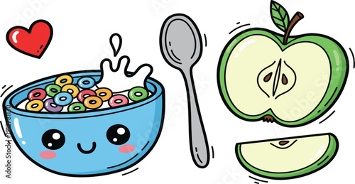 Healthy breakfast set with cute cereal bowl and green apple, morning meal vector illustration with milk and fruit isolated on white background.