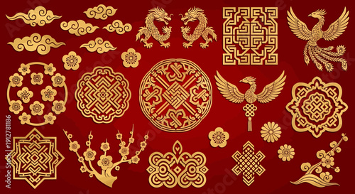 Elegant Gold Oriental Decorative Elements Auspicious Symbols and Intricate Patterns for Cultural Design and Celebration