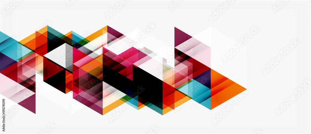 Fototapeta premium Abstract geometric shapes overlap, creating dynamic colorful pattern. Triangles dominate composition, suggesting movement, depth.