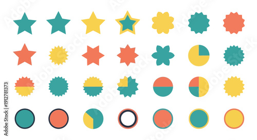 Colorful Geometric Shapes Collection: Stars, Circles, Pie Charts, Sunbursts