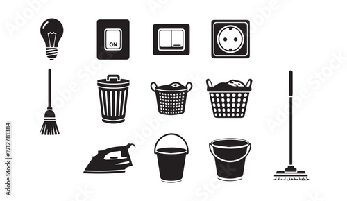 Household cleaning icons set in modern minimalist style