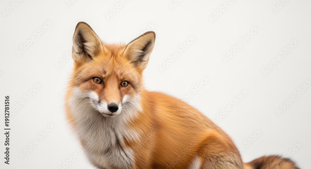 Fototapeta premium A fox sitting alertly with a focused gaze, set against a plain background.
