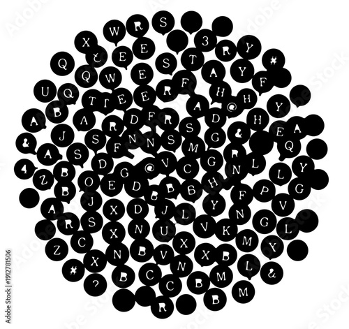Abstract vector sphere composed of black keyboard keys letters and symbols typography background