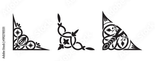 Collection of three vintage ornamental corner designs in black and white vector style