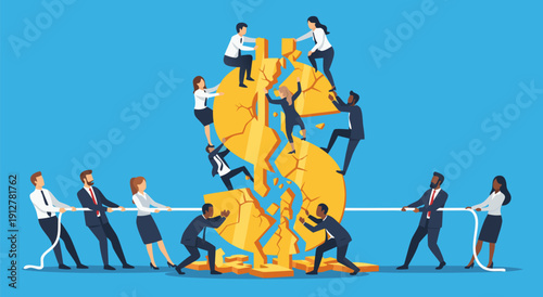Business People Tug-of-War Over Broken Dollar Sign Vector Illustration of Financial Conflict