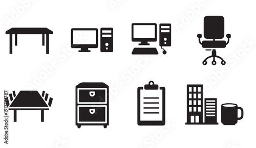 Office furniture and computer icons set for business design