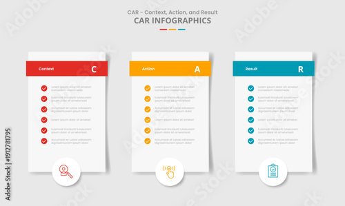 CAR interview technique model for infographic with drop shadow style with vertical box with checklist and circle badge bottom with 3 point list information