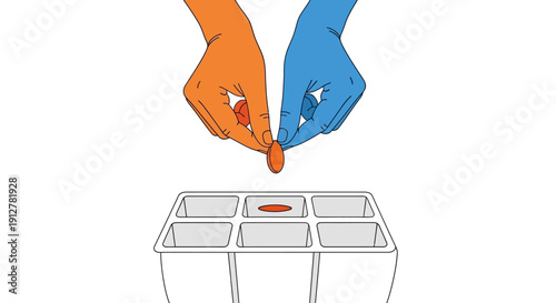Joint Investment and Partnership Concept Illustration. Diverse hands planting a seed in a seedling tray for shared growth and startup development.