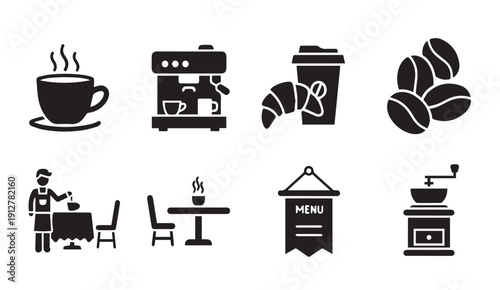 Coffee shop icons set with coffee cups and pastries