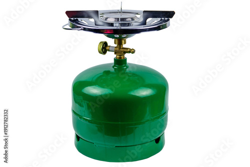 Cuadro en lienzo Green propane gas cylinder with burner isolated on white background