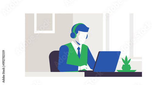 A professional works intently on a laptop in a modern office, wearing a headset and surrounded by minimal decor.