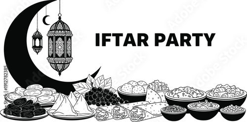 Black and white vector illustration for Iftar party featuring a crescent moon, ornate lanterns, and a large spread of traditional Ramadan food and dates.