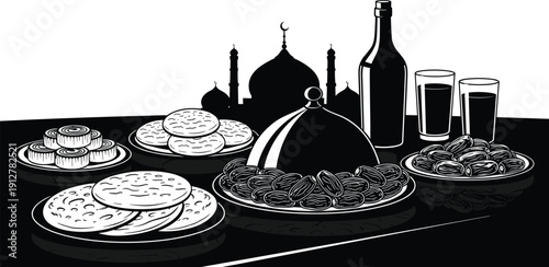 Black and white vector illustration of a Ramadan Iftar food spread featuring dates, bread, and drinks on a table with a mosque background silhouette.