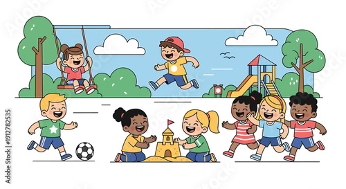 Cheerful and diverse children enjoying a vibrant day of outdoor play, engaging in various fun activities like swinging, running, building sandcastles, and playing soccer in a sunny park setting