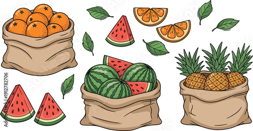 Tropical fruit harvest set with sacks of oranges, watermelons and pineapples, fresh organic farm products vector illustration on white background.