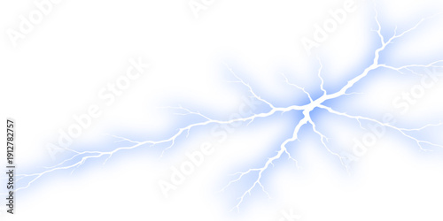 A blue lightning bolt strikes through a dark storm sky filled with clouds and high altitude vapor trails from a passing jet aircraft