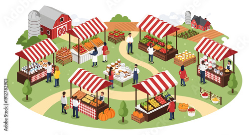 Vibrant outdoor farmer's market scene with stalls brimming with fresh produce and shoppers interacting