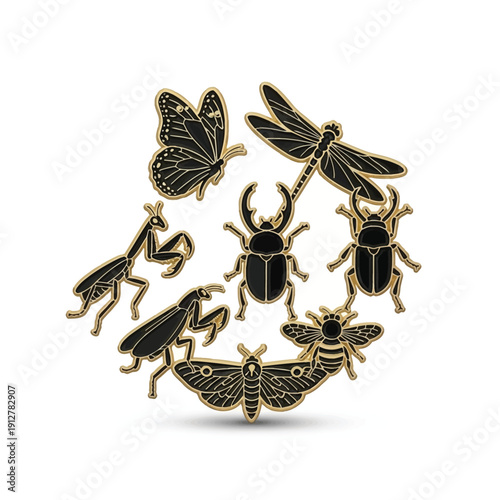 Luxury black and gold insect collection illustration