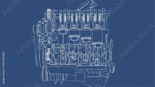 V8 Engine Cutaway Blueprint Engineering Technical Drawing