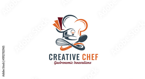 Dynamic culinary emblem with chef's hat, whisk, and spoon, symbolizing gastronomic innovation and expertise for modern food businesses, perfect for branding